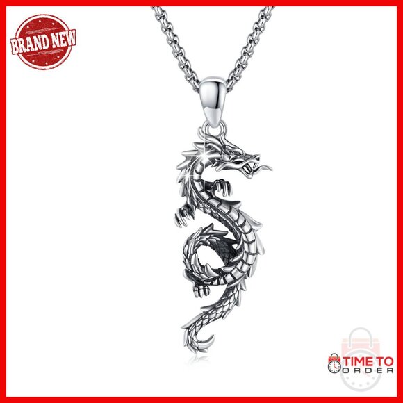 Sterling Silver Dragon Pendant Necklace Unisex Jewelry Adjustable Chain